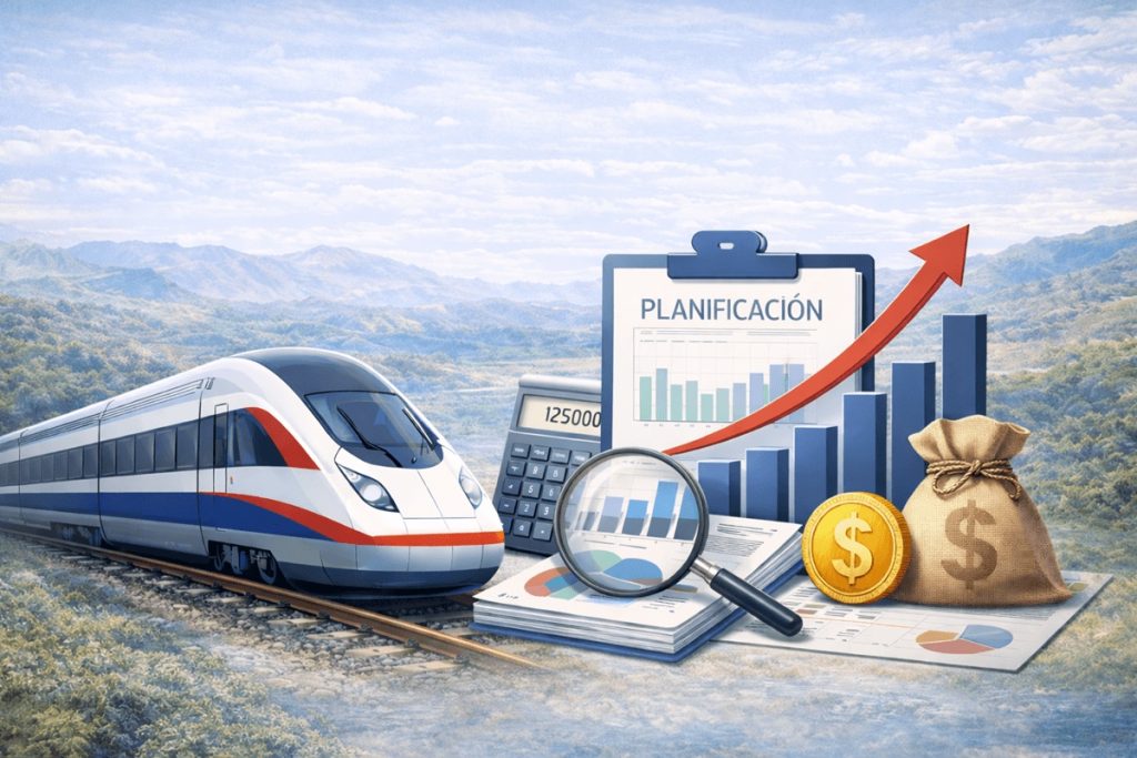 Ilustración del proyecto Tren Panamá Chiriquí en fase de planificación con tren moderno y elementos de análisis económico.