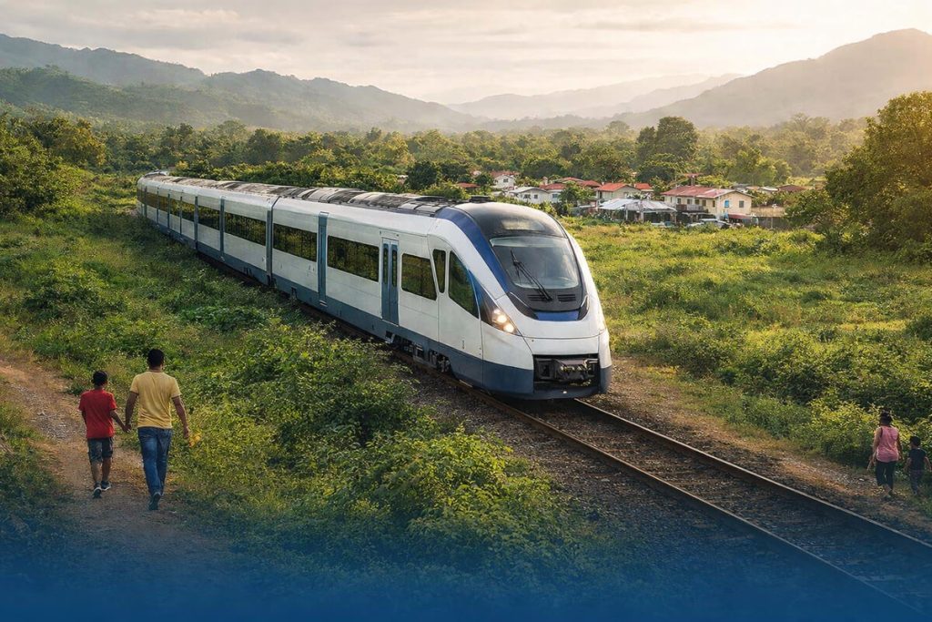 Tren Panamá–Chiriquí recorriendo comunidades del interior, destacando su impacto social y desarrollo regional.