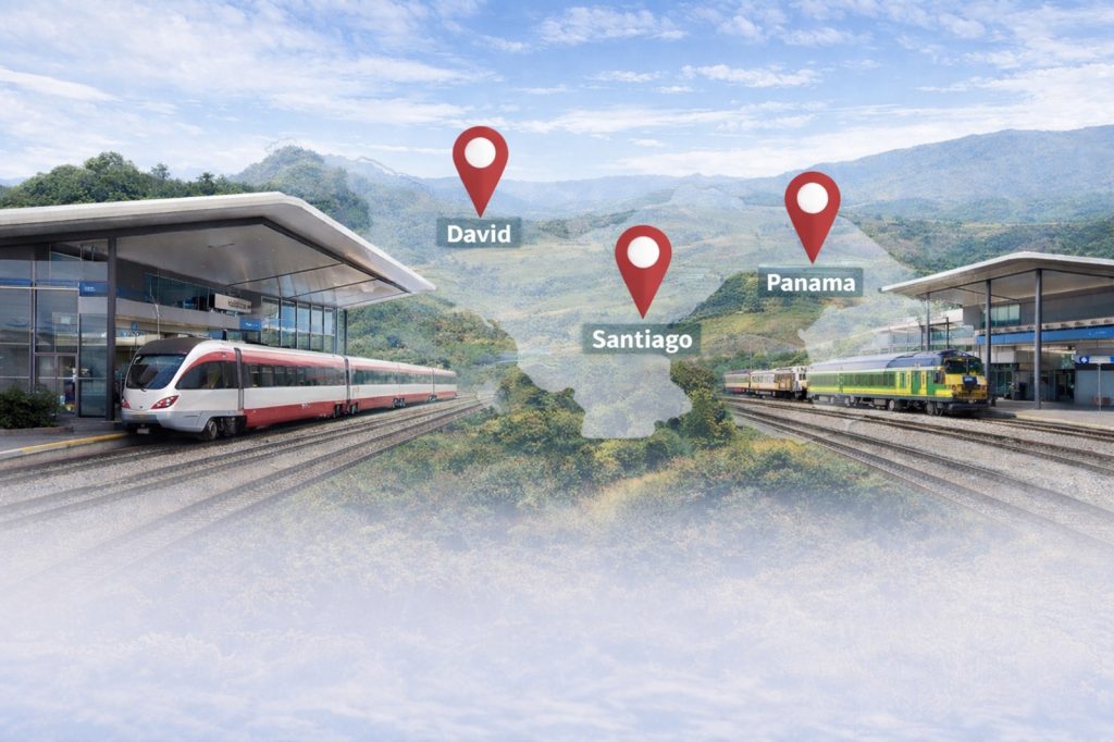 Mapa ilustrativo con posibles estaciones del Tren Panamá–Chiriquí en David, Santiago y Panamá
