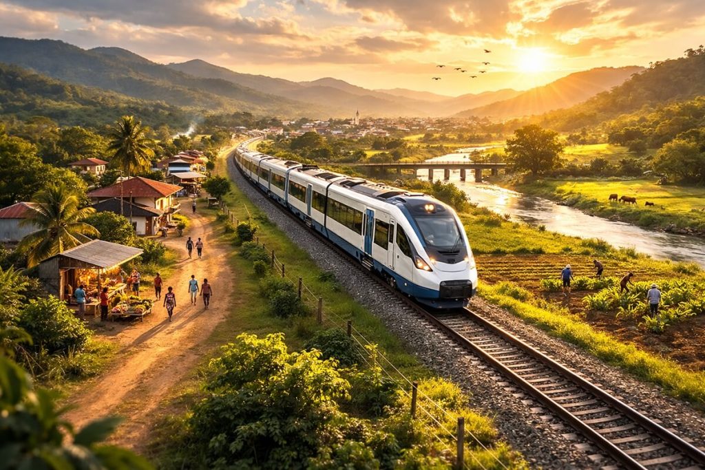 Tren Panamá-Chiriquí atravesando paisajes del interior de Panamá, mostrando su potencial para impulsar el turismo nacional.
