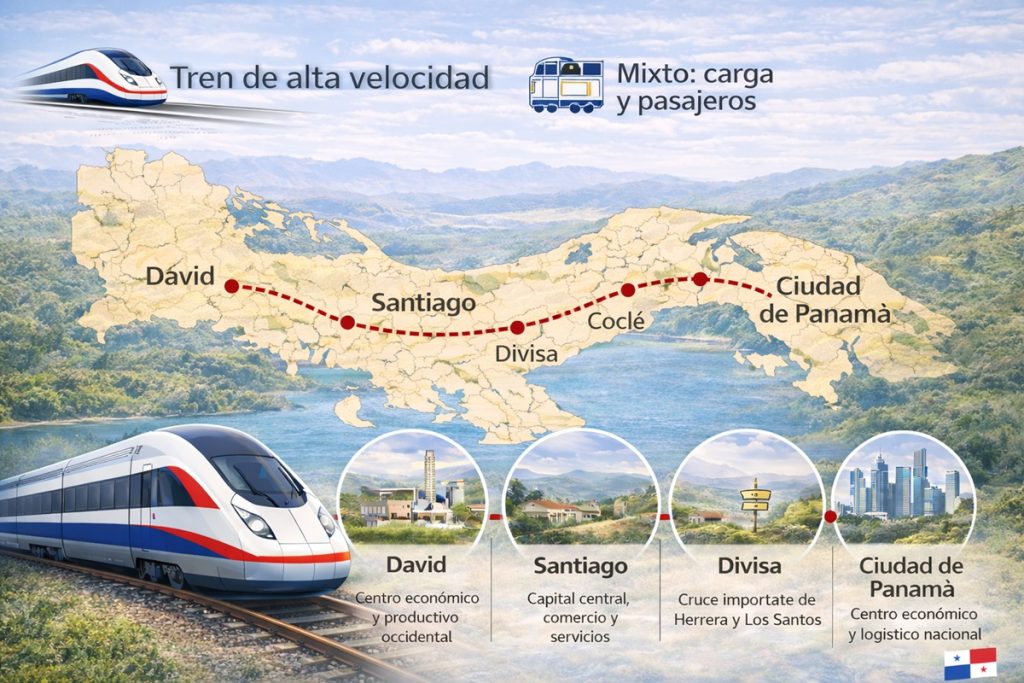 Mapa de la ruta estimada del Tren Panamá Chiriquí conectando David, Santiago, Divisa, Coclé y Ciudad de Panamá.