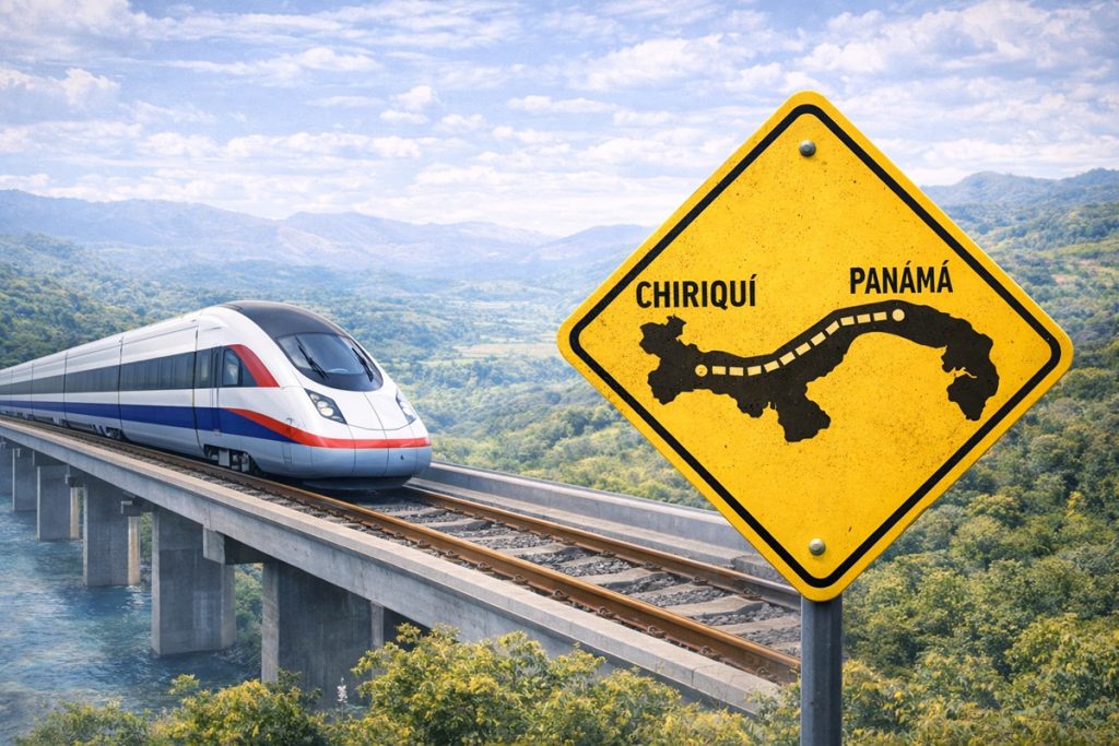Ilustración del Tren Panamá Chiriquí en alta velocidad sobre infraestructura ferroviaria moderna en Panamá.