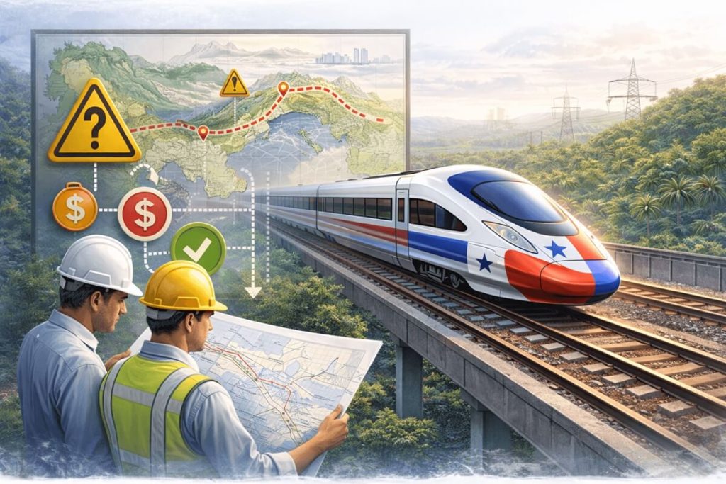 Ilustración del Tren Panamá Chiriquí mostrando desafíos técnicos, financieros y soluciones en la planificación del proyecto.