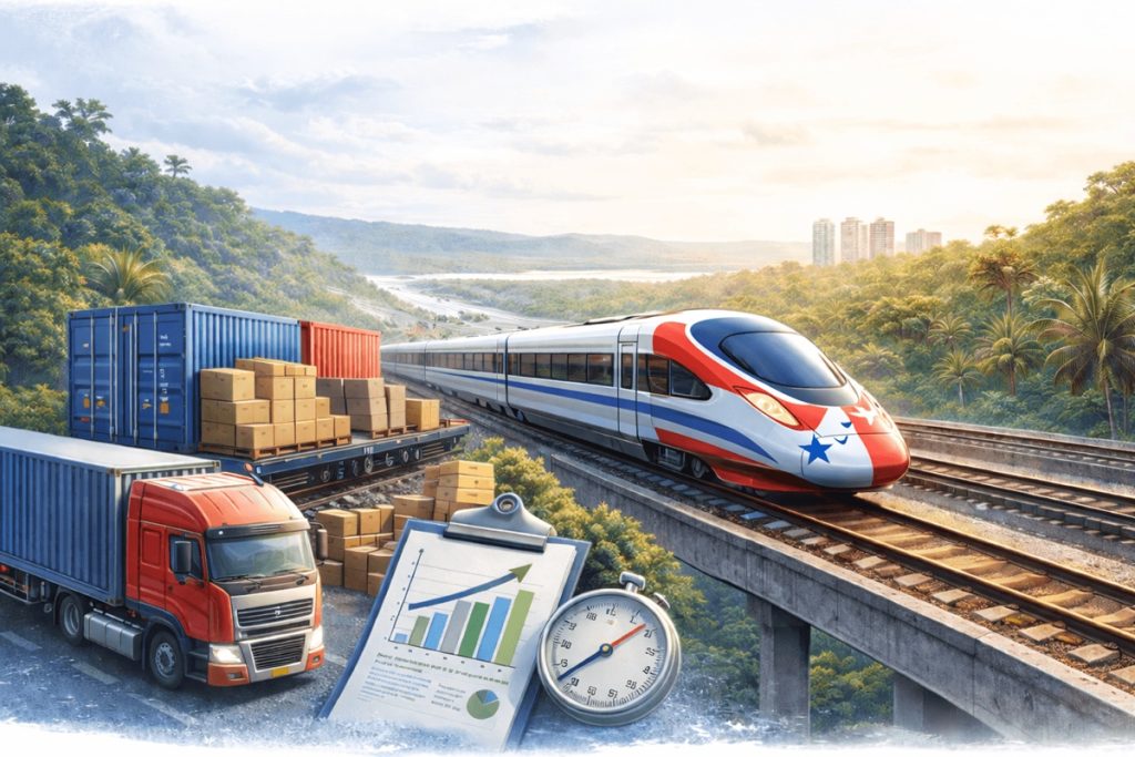 Ilustración del Tren Panamá Chiriquí transportando carga y mejorando la logística y el transporte de mercancías en Panamá.