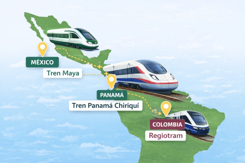 Mapa de proyectos similares al Tren Panamá Chiriquí en América Latina como el Tren Maya en México y el Regiotram en Colombia.