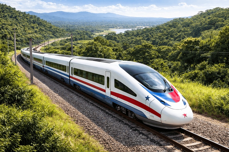 Tren Panamá–Chiriquí con colores de la bandera de Panamá recorriendo paisaje natural del país