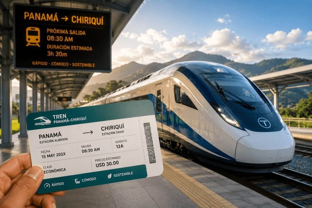 Estimación del costo del boleto del Tren Panamá–Chiriquí en una estación ferroviaria moderna