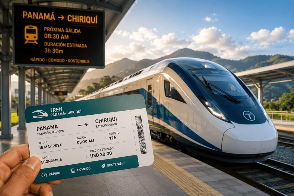 Boleto estimado del Tren Panamá Chiriquí junto a un tren moderno en una estación ferroviaria