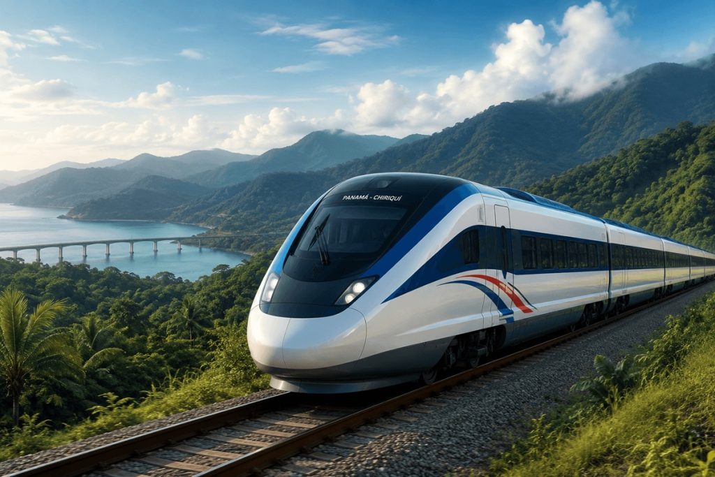 Tren Panamá–Chiriquí atravesando paisaje montañoso de Panamá