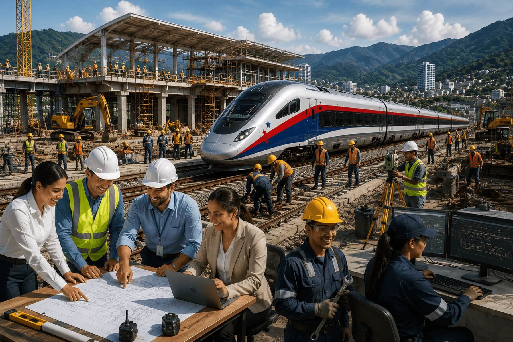 Trabajadores, ingenieros y técnicos participando en la construcción del Tren Panamá Chiriquí y la generación de empleos en Panamá