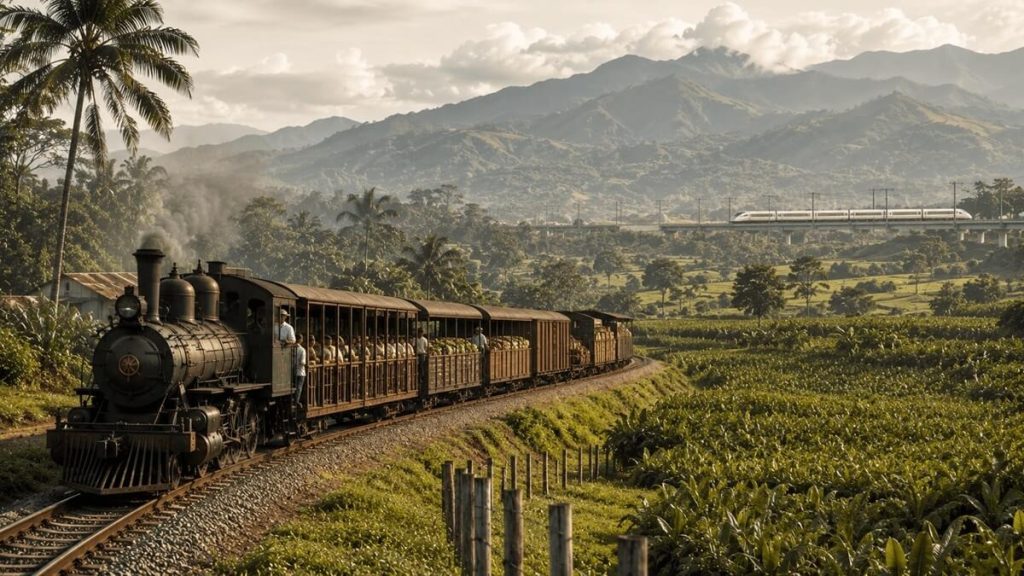 Representación del histórico Ferrocarril de Chiriquí junto al futuro ferroviario del occidente panameño