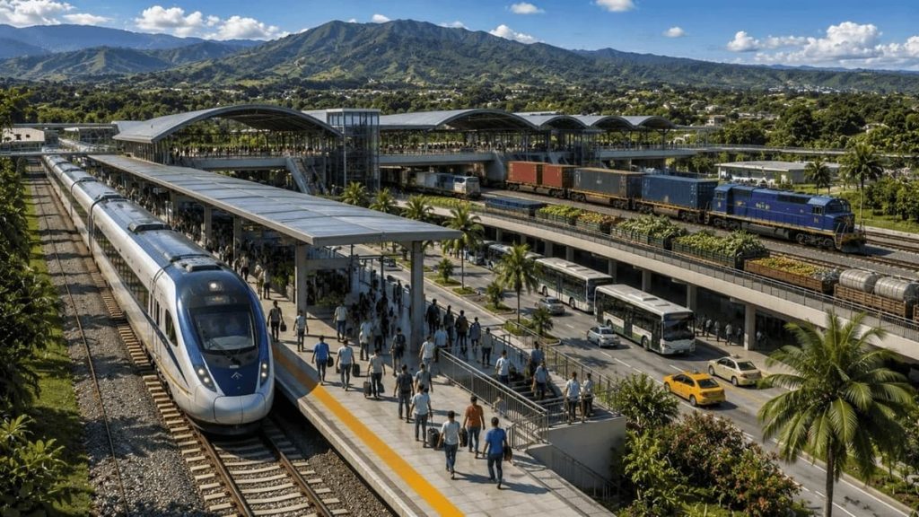 Sistema ferroviario moderno del Tren Panamá Chiriquí con estación, pasajeros, transporte de carga e integración del transporte público