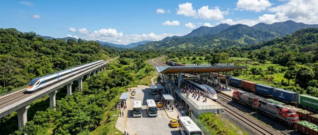 Representación conceptual del funcionamiento del Tren Panamá Chiriquí con transporte de pasajeros y carga en una estación moderna.