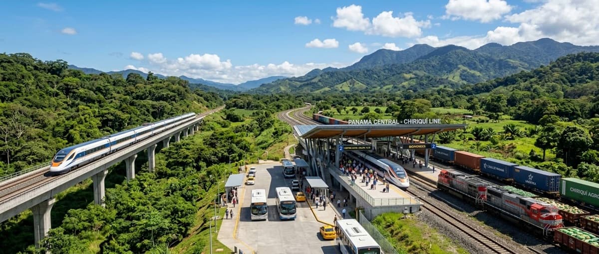 Representación conceptual del funcionamiento del Tren Panamá Chiriquí con transporte de pasajeros y carga en una estación moderna.