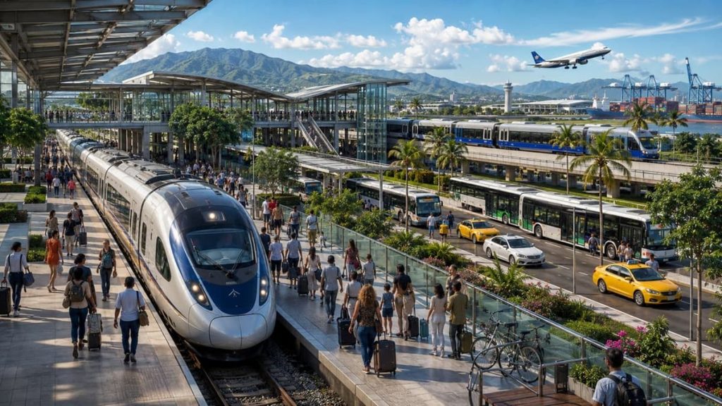 Representación conceptual de una estación multimodal del Tren Panamá Chiriquí integrada con el Metro de Panamá, autobuses, aeropuerto y puerto para facilitar el transporte ferroviario en Panamá.