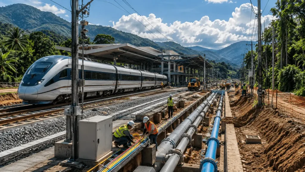 Representación conceptual del corredor ferroviario del Tren Panamá Chiriquí con infraestructura de fibra óptica, redes eléctricas, tuberías de agua y desarrollo urbano en Panamá.