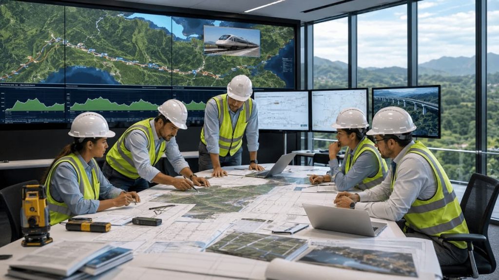 Ingenieros analizando planos, mapas y estudios técnicos durante la planificación del proyecto Tren Panamá Chiriquí.