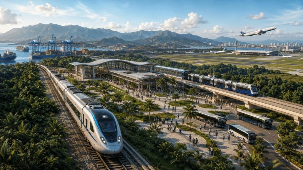 Ilustración del Tren Panamá Chiriquí integrado con el Metro de Panamá, puertos, aeropuerto y transporte multimodal en Panamá.