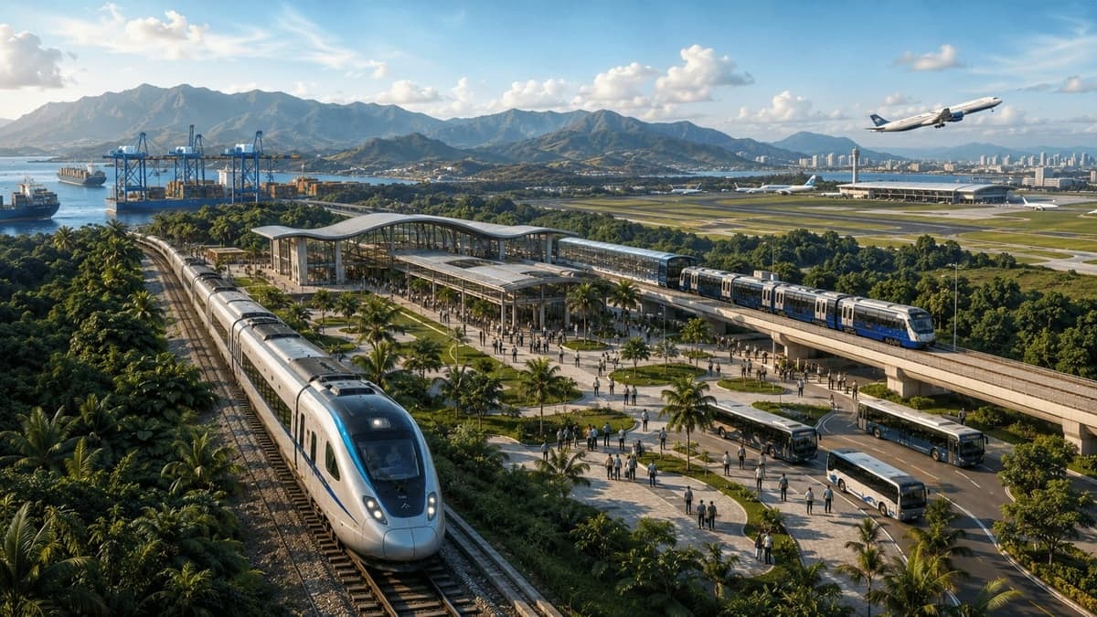 Ilustración del Tren Panamá Chiriquí integrado con el Metro de Panamá, puertos, aeropuerto y transporte multimodal en Panamá.