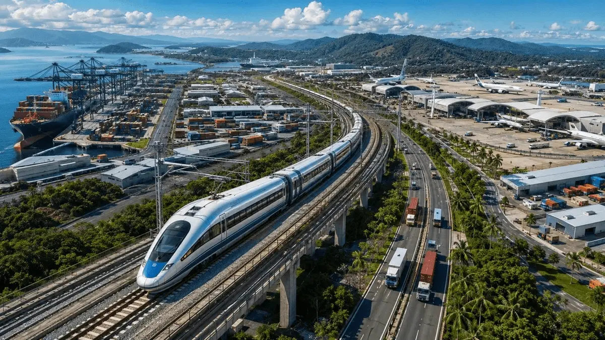 Representación conceptual del Corredor Logístico Ferroviario de Panamá con el Tren Panamá Chiriquí integrado a puertos, aeropuerto, zonas logísticas y transporte multimodal.