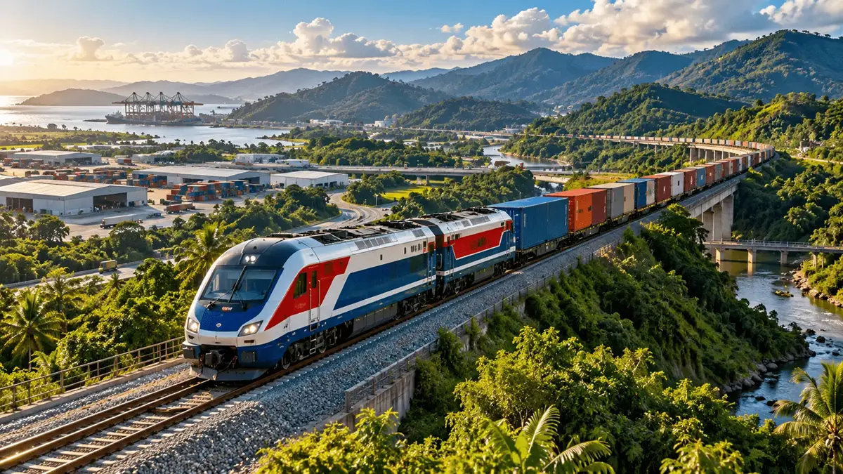 Tren de carga del Ferrocarril Panamá–David en un corredor logístico de Panamá
