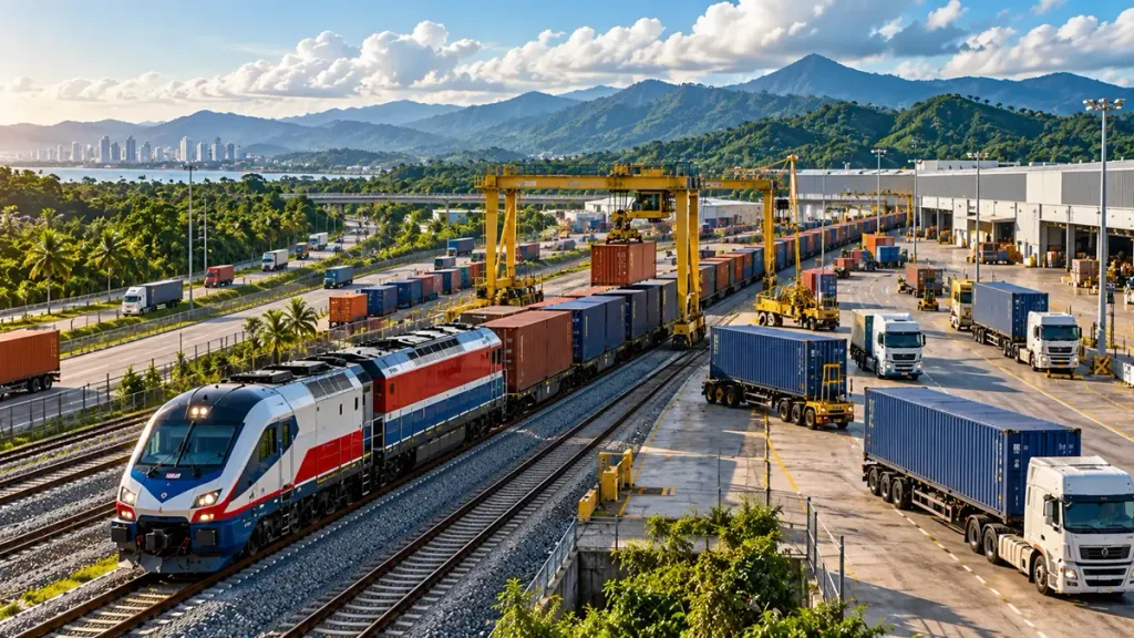 Tren de carga conectado con camiones en una terminal logística de Panamá